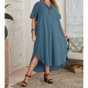 SHEIN Blue Shirt Dress Size 4XL Button Front V-Neck Short Sleeve Casual Office